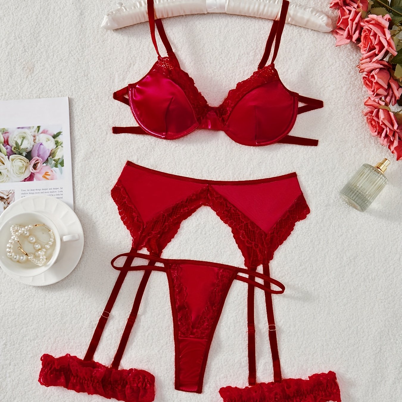 Fall/Winter Sale: Women's Lace Bra Set with Thong, Garter Belt, and Foot Rings