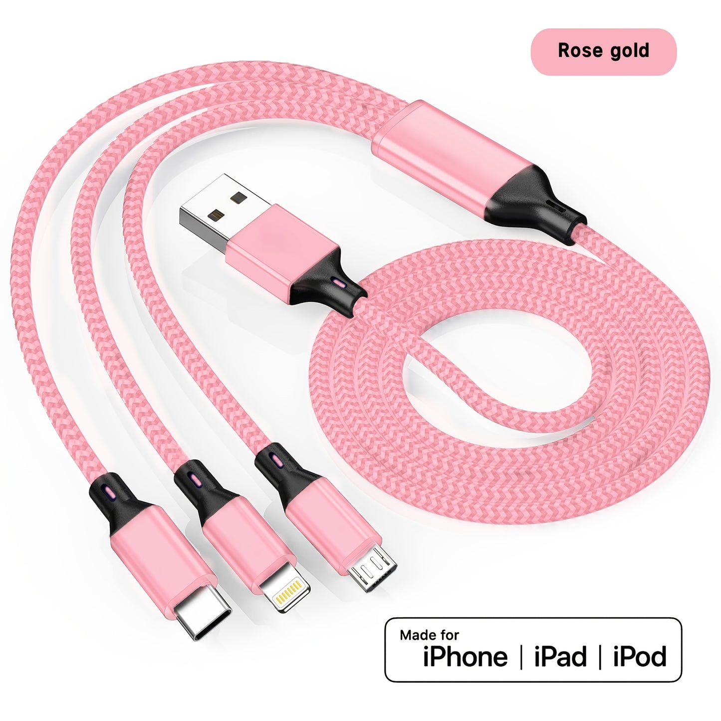 Fast charging USB cable compatible with iPhone, Samsung, Type-C, Micro USB devices and various Android smartphones.