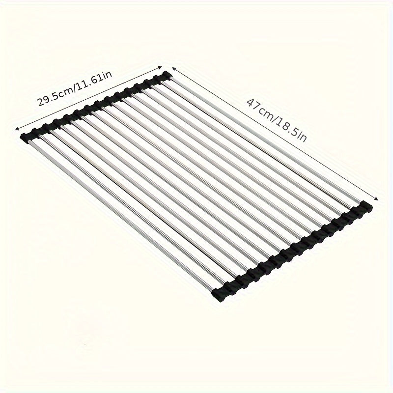 Stainless Steel Roll-Up Dish Drying Rack for Sink - Portable Drainer and Storage Rack with Non-Slip Silicone Edges, Foldable Utility Rack for Kitchen Tools, Includes Sink Grid Mat