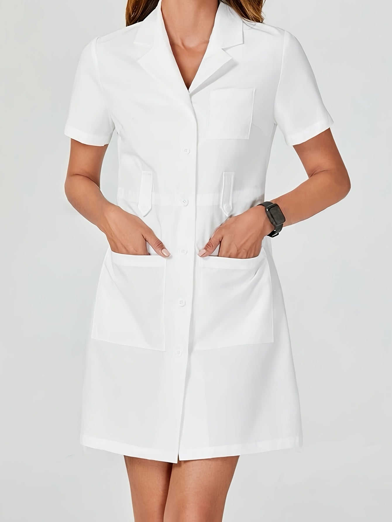 White short sleeve coat with lapel collar, multiple pockets, 100% polyester, solid color, regular fit, all-season, 180g/m² woven fabric. Features single breasted placket, non-stretch