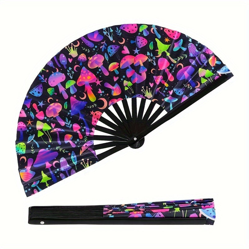 Bamboo Hand Fan with UV Glow Mushroom Design - Ideal for Music Festivals, Raves, Disco Parties, and Neon Events