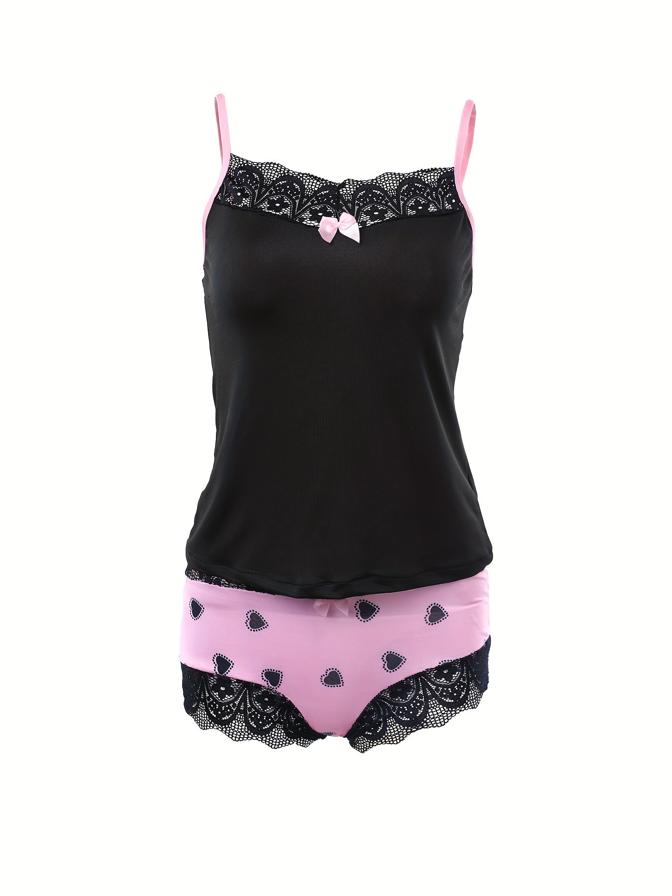 Women's sleepwear set with heart print lace cami top and backless V neck, paired with elastic shorts.