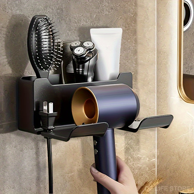 Wall-mounted hair dryer holder with dimensions 16.5x7x12.5cm, hands-free stand for small to large dryers, space-saving bathroom organizer.