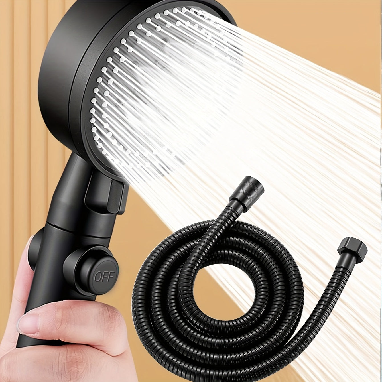 Shower head with 5 functions and on/off button, includes high pressure feature and 1.5m hose.