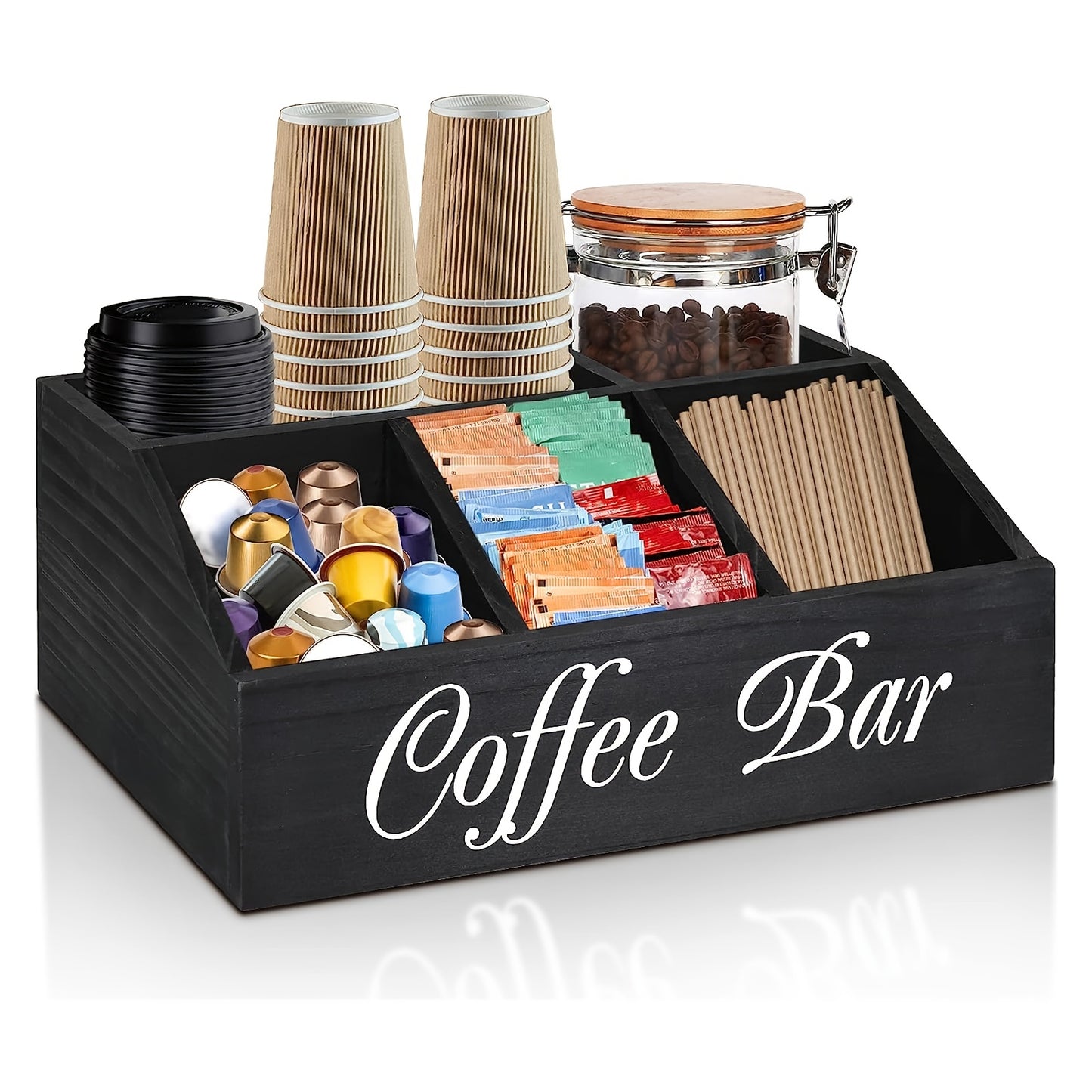 Wooden coffee station organizer for coffee and tea condiments, pods, and accessories; perfect for home organization and decor.