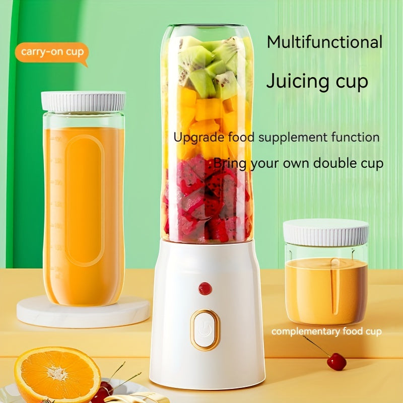 High power 450ml dual cup juicer, portable and rechargeable with USB/battery power, made from food-grade PP. Perfect for sports and home use.