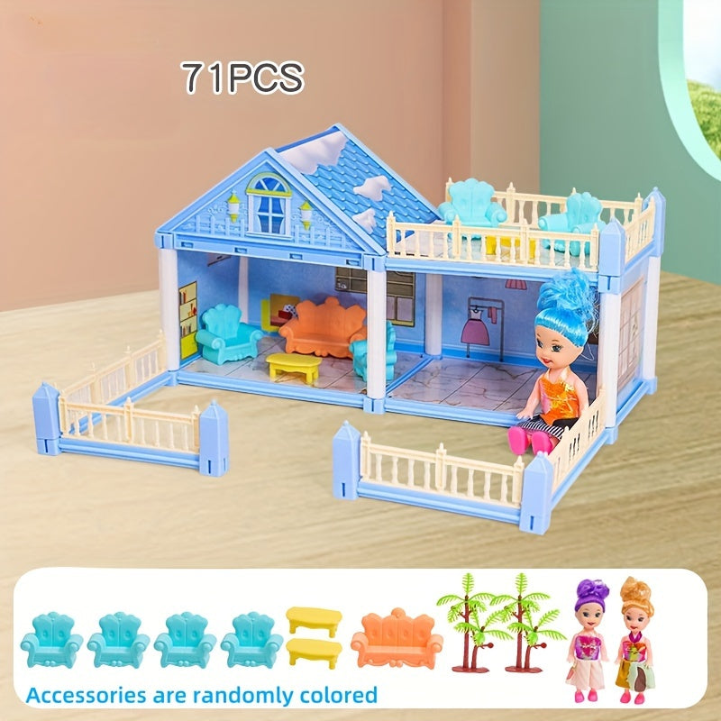 Girl playing with a dollhouse toy set in a children's simulation room, resembling a princess castle villa; ideal as a birthday gift.