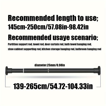 Telescopic rod with built-in spring provides strong gravity support for various uses such as shower curtains, drying racks, window treatments, Roman rods, and wardrobe support.