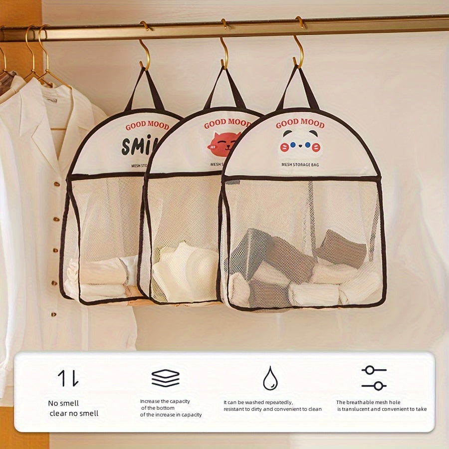 One Beige Polyester Hanging Mesh Storage Bag or Set of Four, featuring a Casual Style and Breathable design. This Laundry Organizer can be Wall Mounted in your Wardrobe for sorting Underwear & Socks. Use it as a Multifunctional Miscellaneous Organizing