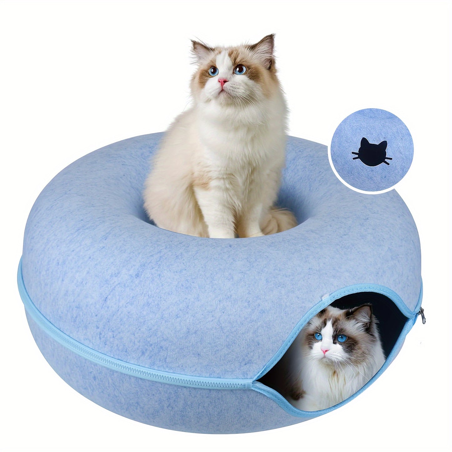 Versatile cat tunnel bed made of cozy wool felt in gray, with foldable design and zippered split for easy cleaning. Perfect for play, sofa, or bed use.