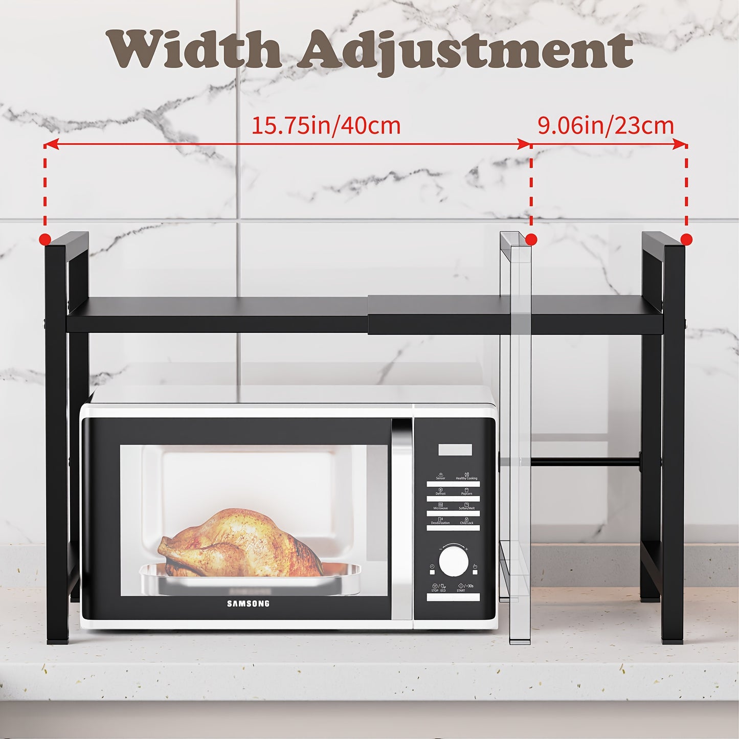 Expandable microwave shelf with 6 hooks, retractable black metal shelf, adjustable baker's rack for kitchen organization. Perfect for toaster and towel.