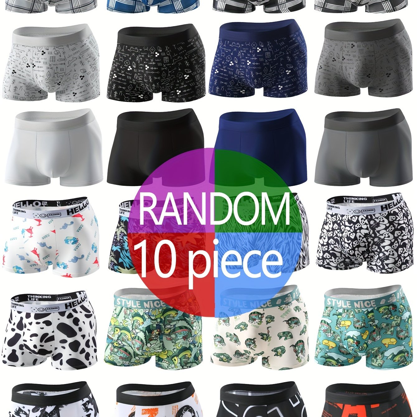 Pack of 10 men's boxer briefs with assorted animal prints in a comfortable stretch polyester-spandex blend. Features moisture-wicking technology, casual style, and bow detail.