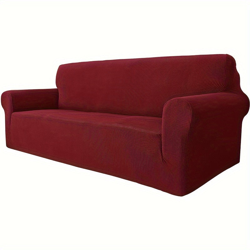 Jacquard fitted sofa slipcover with elastic band, machine washable polar fleece fabric. Compatible with various sofa sizes. Protects furniture from dust and cat scratches.