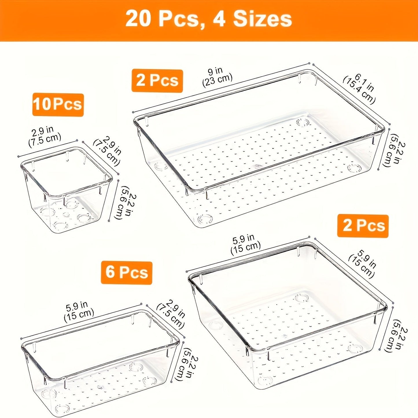 Desk Drawer Organizer Set of 10 or 20 Pieces: Plastic Vanity Trays in 4 Sizes for Organizing Drawers in Dresser, makeup, Kitchen, Office, or Bathroom