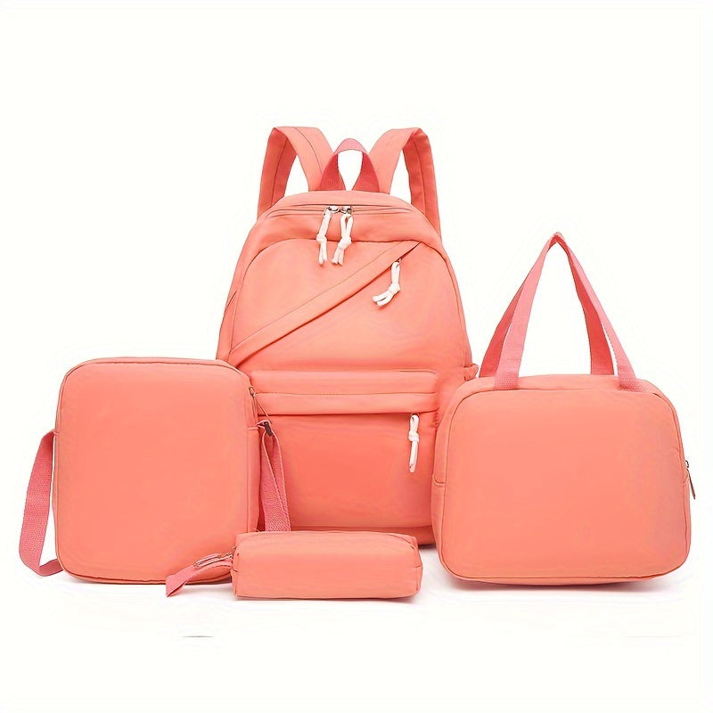 Set of 4 backpacks, cross body bag, handbag, and pen bag in classic solid colors. Suitable for both women and men for casual travel with large capacity. Ideal for schoolgirls and students