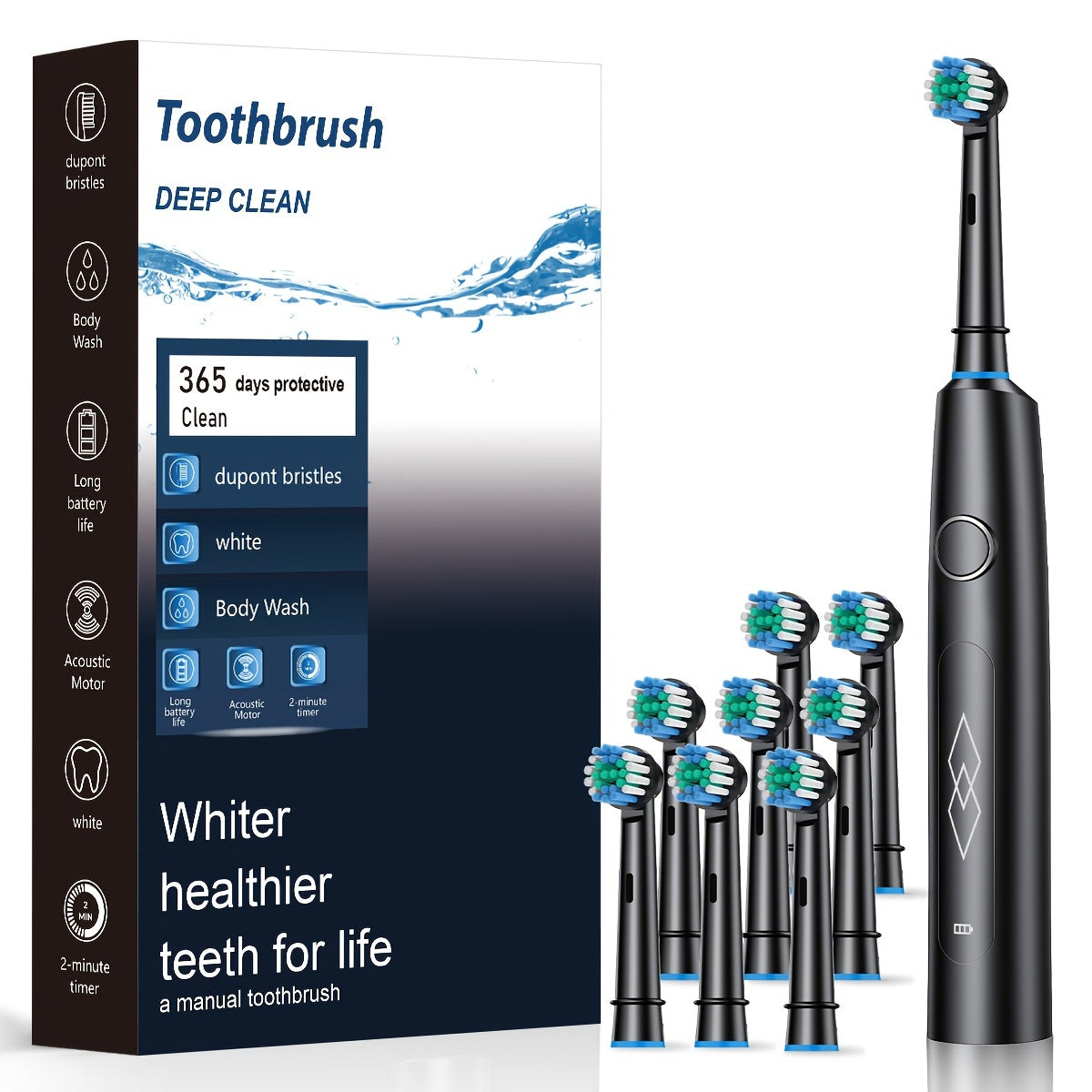 Black Sonic Electric Toothbrush with USB recharge, soft bristles, 600mAh battery, 5 modes, 4 brushes in gift box.