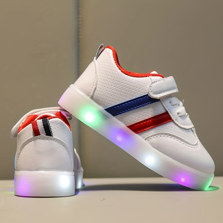 2024 Youngsters' LED Light-Up Sneakers feature a colorful flashing striped design, comfy non-slip rubber sole, and easy hook-and-loop closure. Ideal for casual wear in spring and fall