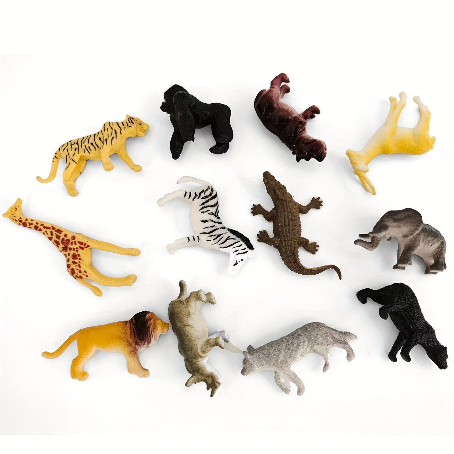 Wildlife Animal Figurines Set includes 12 pieces such as Lion, Tiger, Crocodile, Giraffe, Zebra, Elephant, and more. Suitable for ages 3+.