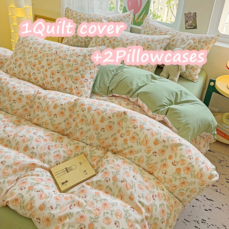 3-piece bedding set includes 1 quilt cover and 2 pillowcases with floral design. Cozy, breathable, and suitable for all seasons. Machine washable with no fading or deformation. Ideal for a