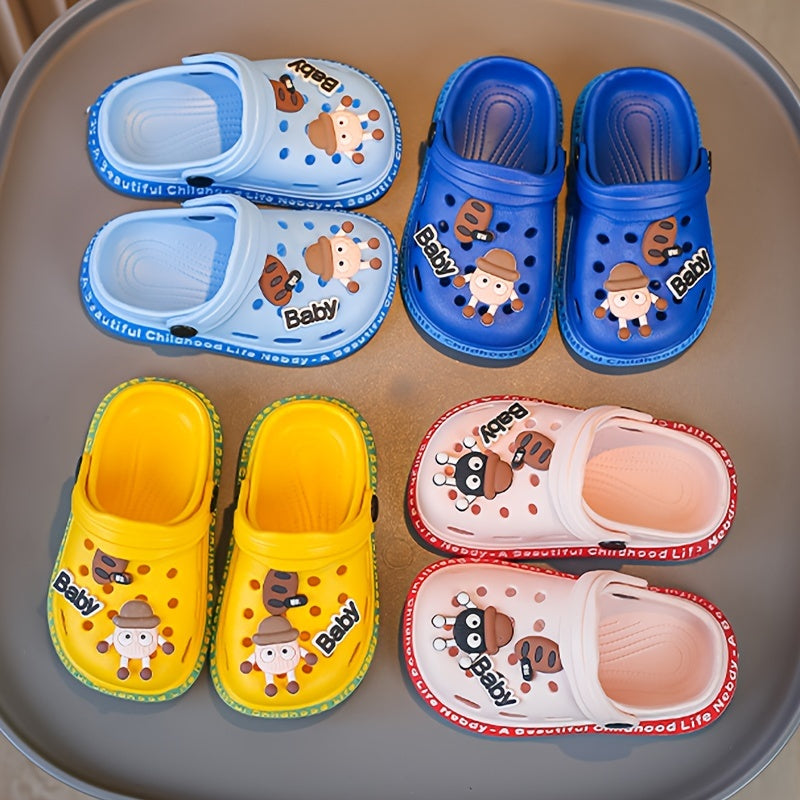 Breathable clogs with cartoon charms for babies, quick-drying anti-slip slippers for indoor and outdoor use in all seasons.