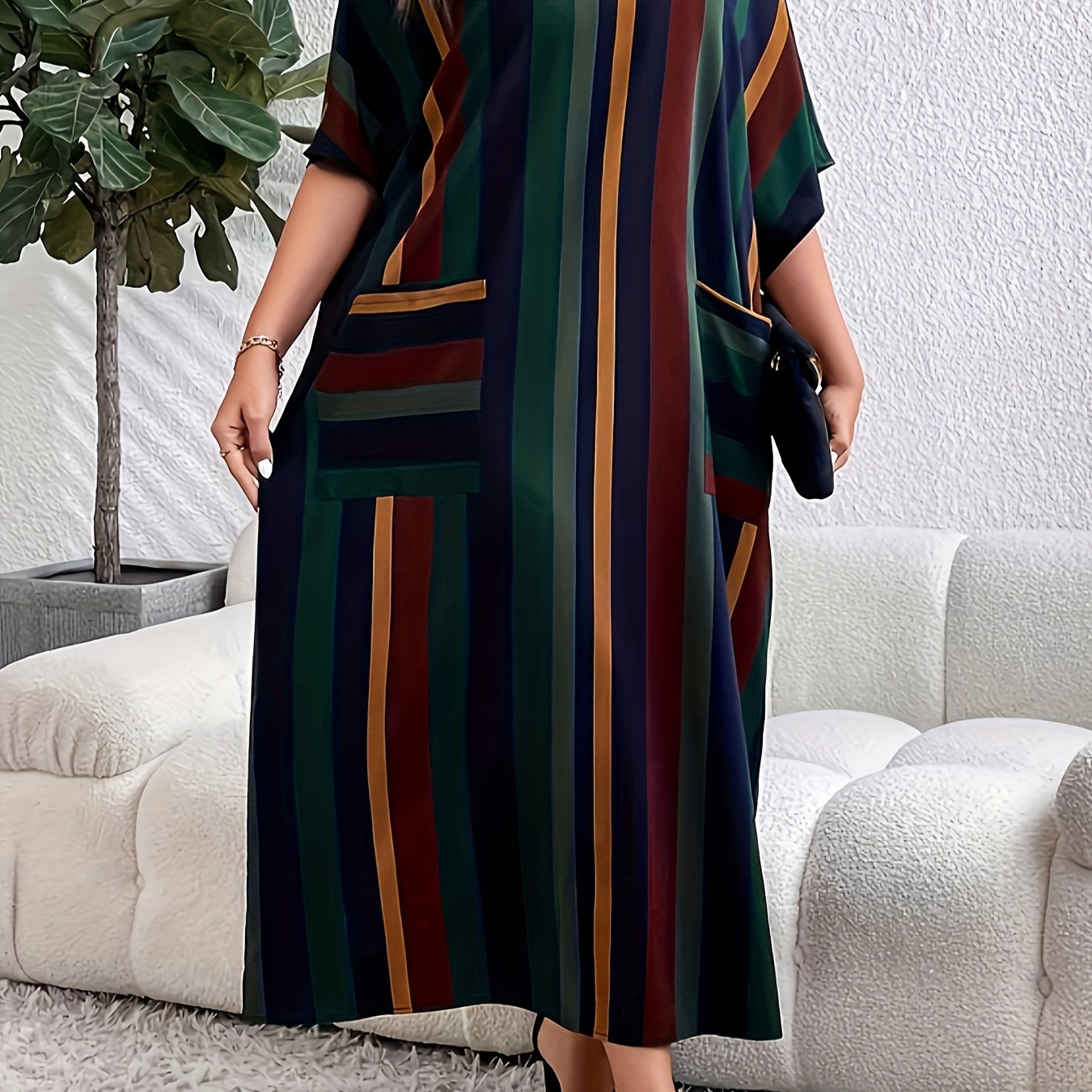 Striped pocket dress for plus size women