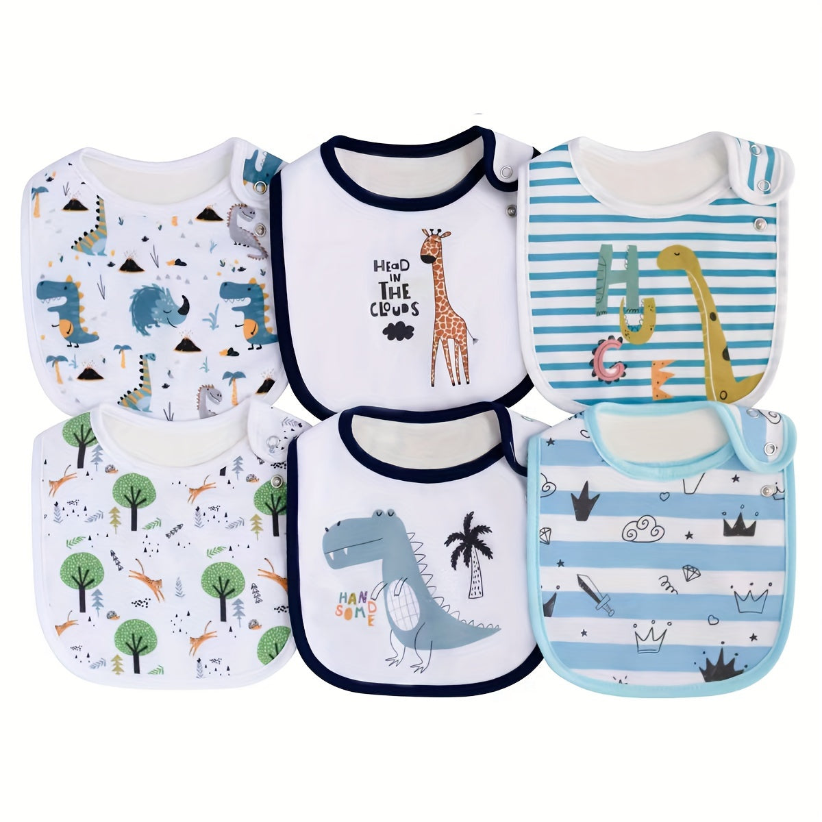 Set of 6 Cartoon Print Waterproof Bibs for Kids, with Adjustable Snap Closure - Ideal for Boys & Girls, Suitable for Every Season