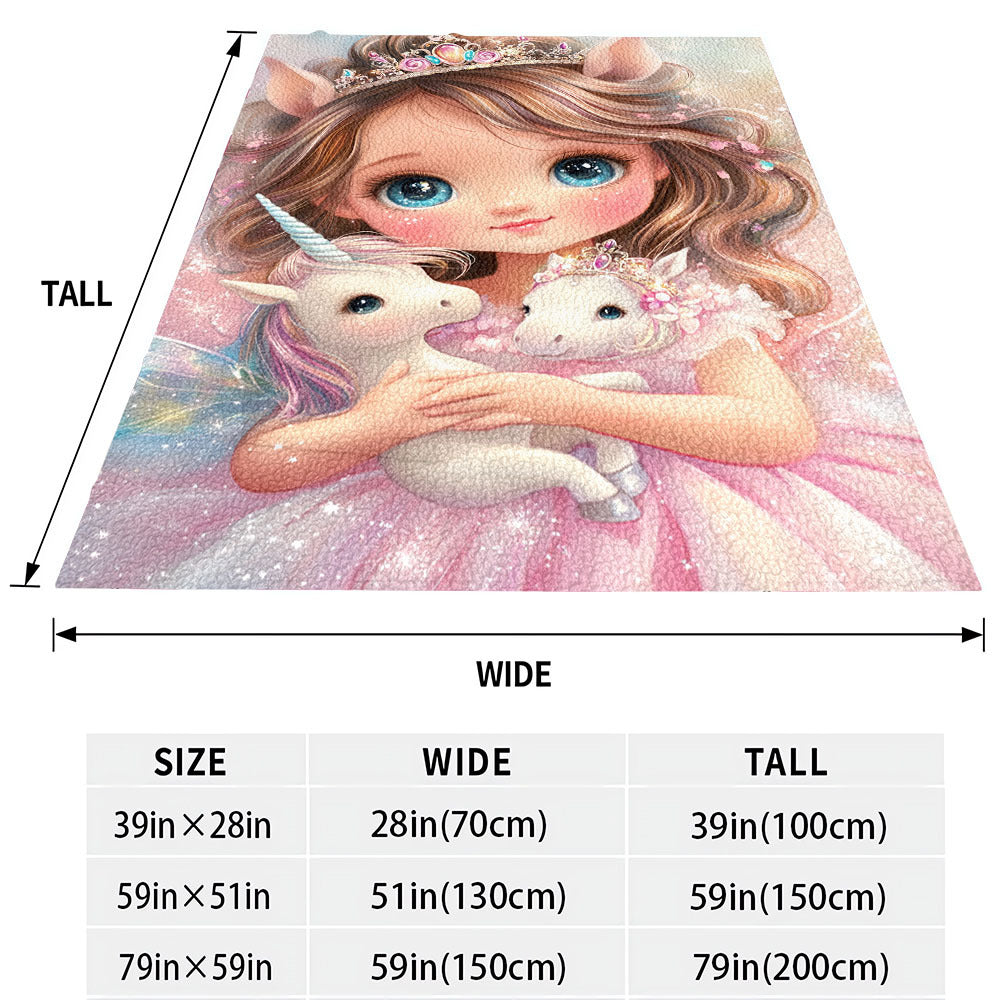 Modern flannel throw blanket featuring an enchanted girl and dreamy unicorns print. Hypoallergenic and suitable for all seasons, this multipurpose bedding is made of digital print polyester. Perfect for use on the bed, sofa, or while camping, it also