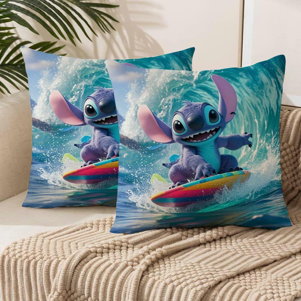 Two Disney Stitch Surfboard Design Throw Pillow Covers in a Set, Stylish Cushion Cases for Sofas and Living Rooms, Durable Outdoor Pillowcases