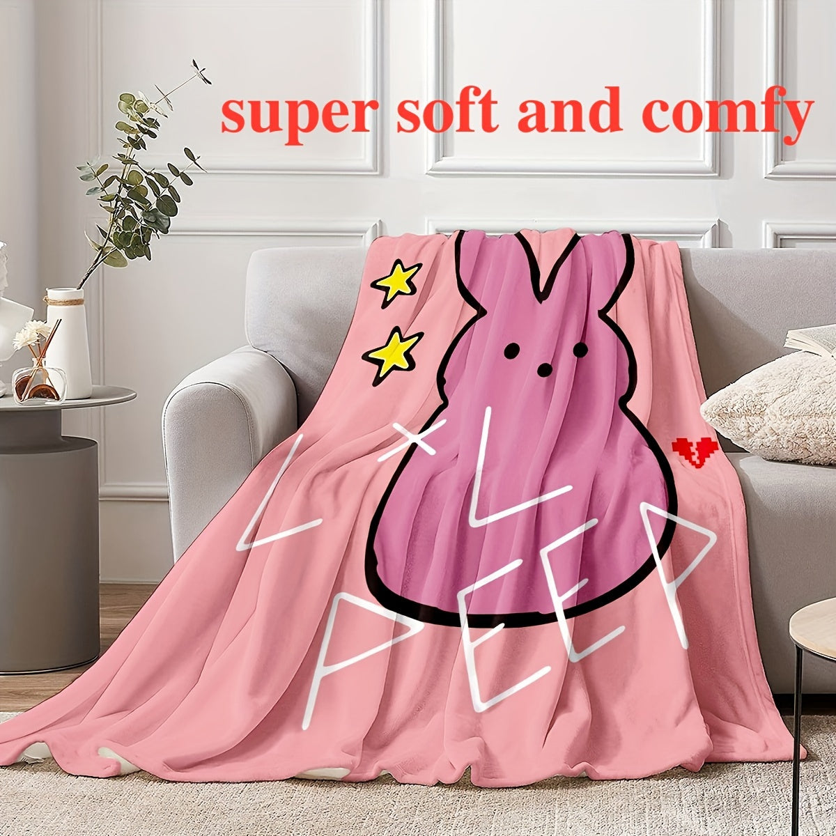 Soft flannel throw blanket inspired by Lil Peep, featuring a charming pink cartoon bunny design. Ideal for adding coziness and charm to your home decor, and makes the perfect gift for friends.