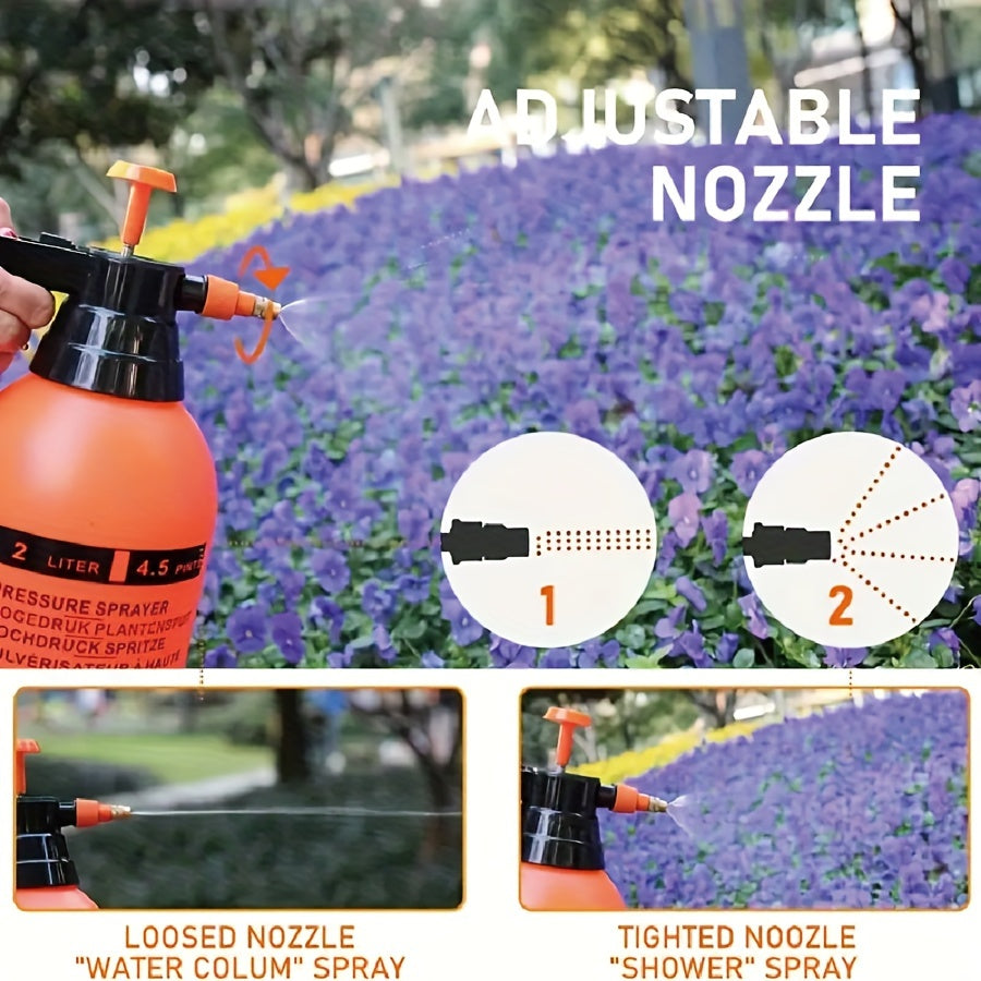 Large capacity handheld watering can with adjustable brass nozzle for efficient watering, lawn care and cleaning. Durable plastic construction.