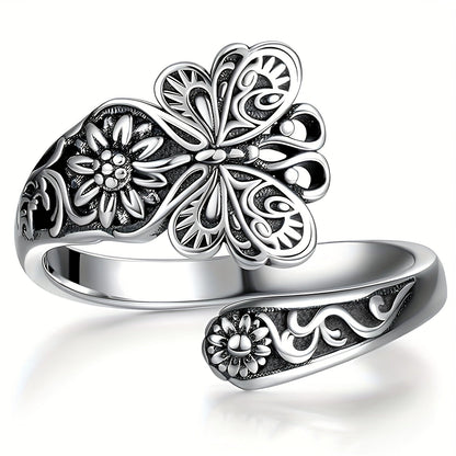 Retro Butterfly & Flower Carved Spoon Ring in 925 Sterling Silver with 18k Gold Plating - A Symbol of Beauty and History. High-Quality Gift for a Special Someone, Complete with Gift Box.