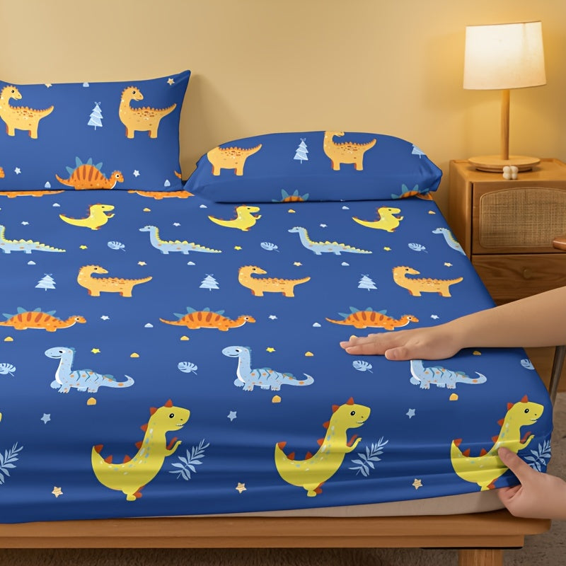 Get your hands on the adorable 1pc Cartoon Dinosaur Print Fitted Sheet for a cozy and comfortable bedding experience. This fitted sheet is made of soft brushed material that will provide the perfect protection for your mattress. Perfect for your bedroom