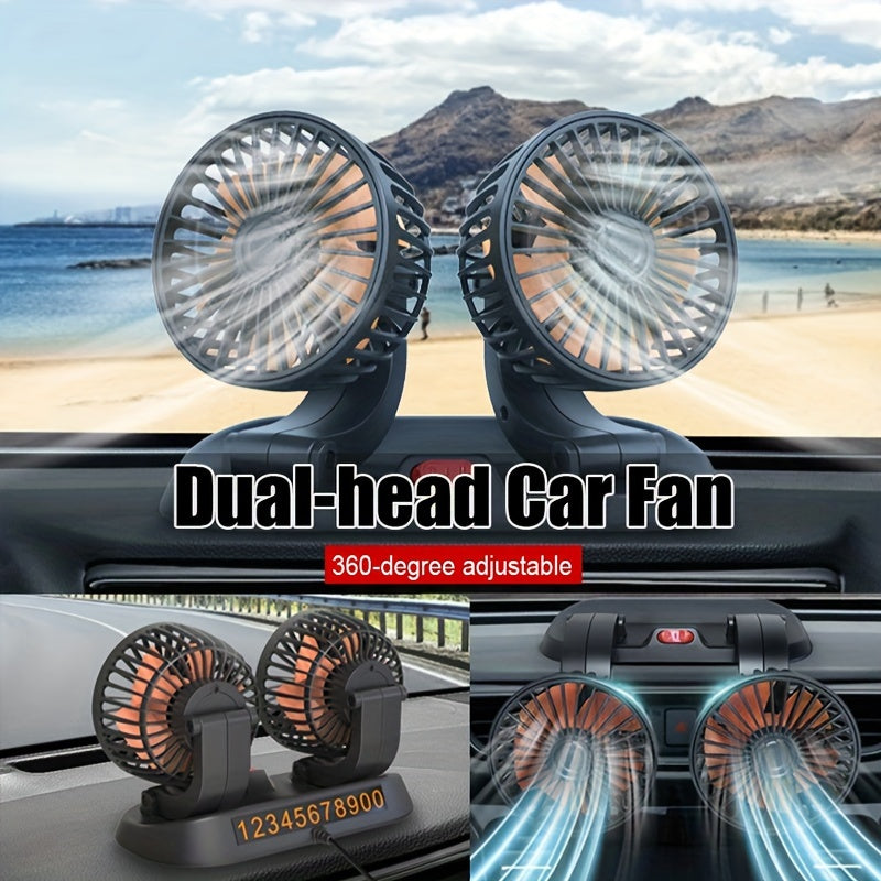 EAFC Dual-Head Car Fan with 360° Adjustable Design - USB & Cigarette Lighter Powered, 2 Speeds, Compact & Easy to Clean, Ideal for Cars, Trucks, SUVs - Black, Portable Fan