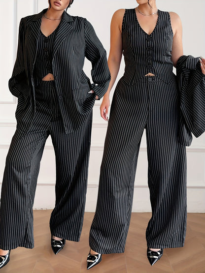 Women's three-piece suit with striped long sleeve jacket, v-neck vest, and trousers for commuting and parties in larger sizes.