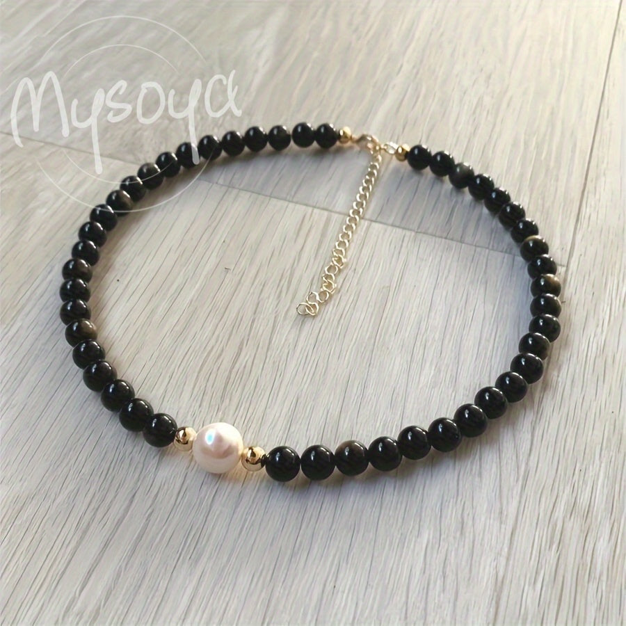 Handcrafted Natural Obsidian Baroque Pearl Necklace by MYSOYA featuring 7-9mm Freshwater Pearls. This vintage elegant piece is perfect for daily wear and special occasions, making it an ideal Valentine's Day gift. Comes with a gift box, making it an