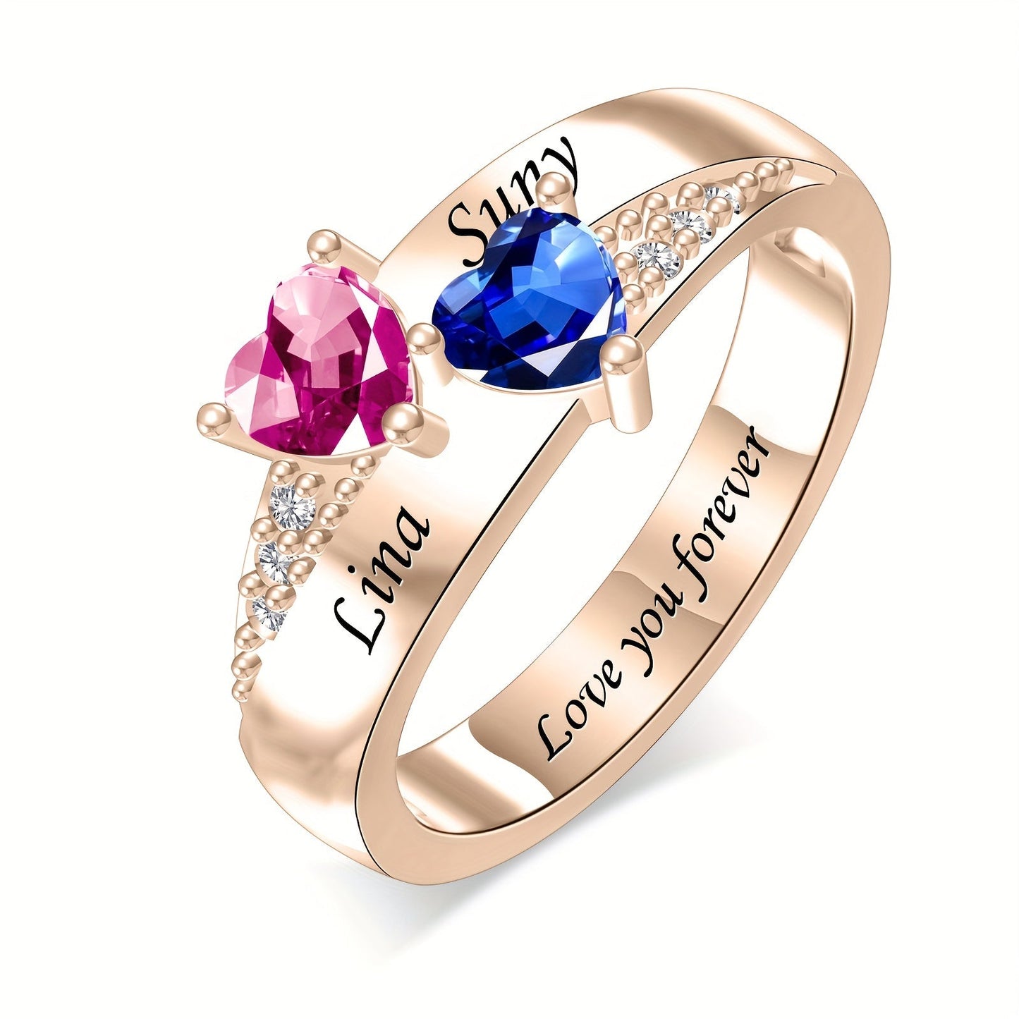 Elegantly personalized ladies' ring with custom name engraving and birthstone option. Made of silver plated copper and synthetic zirconia, this versatile piece is perfect for both daily wear and special occasions. An ideal gift for Thanksgiving