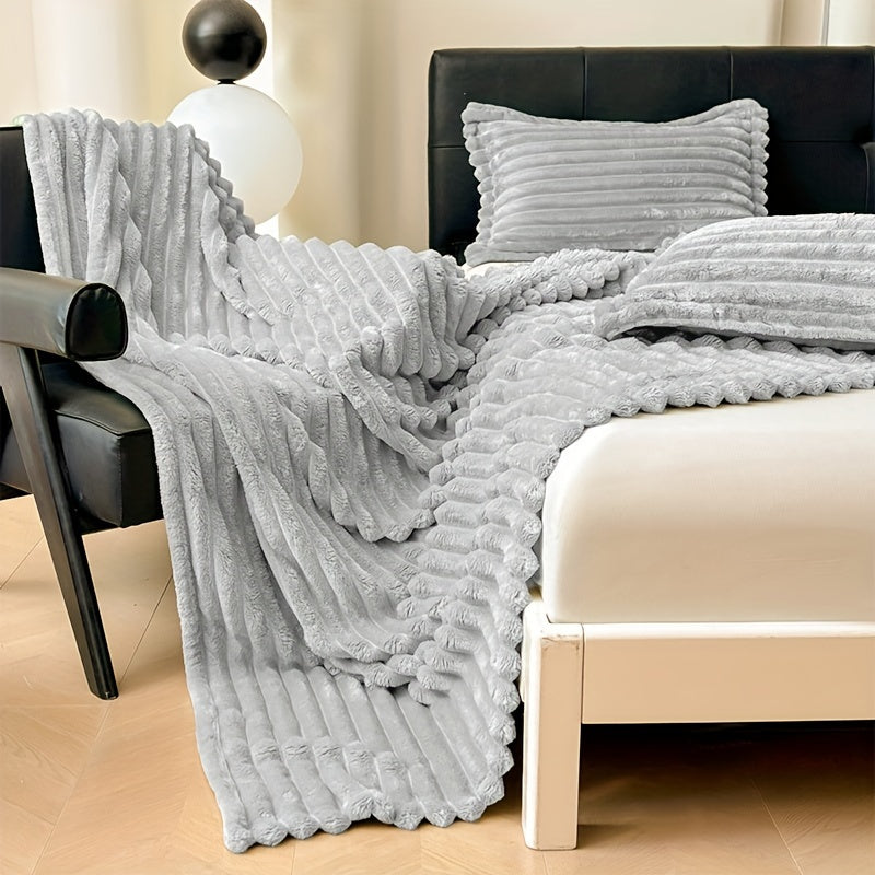 Add a touch of comfort and style to your bedroom with this Cozy Ribbed Knit Throw Blanket and Pillowcase Set - Luxuriously Soft, Warm, and Thick with a Grey Stripe Design