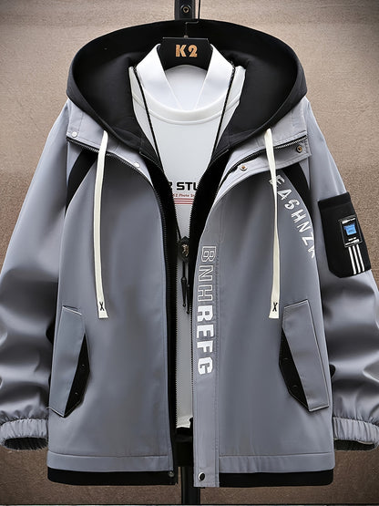 Men's preppy style hooded jacket with zipper closure, polyester college letter pattern, long sleeve, woven shoulder fit, regular fit, regular length - trendy unisex lightweight outerwear.