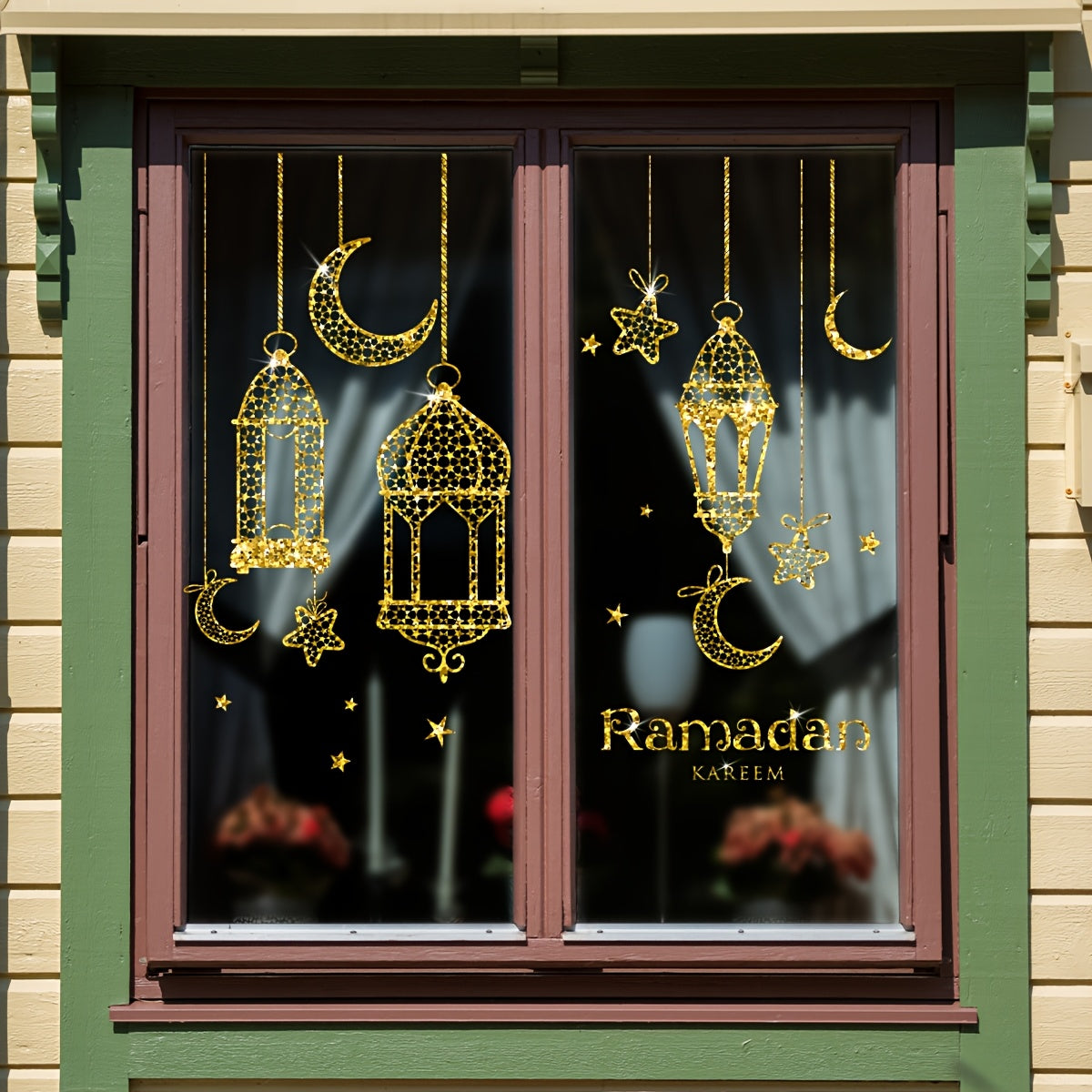 Ramadan Moon Lantern Window Clings Set of 2, Each Measuring 20x30cm, Featuring Double-Sided Static Cling PVC Decals in Contemporary Style. Reusable and 5mil Thickness, Perfect for Ramadan Decor and Window Display.