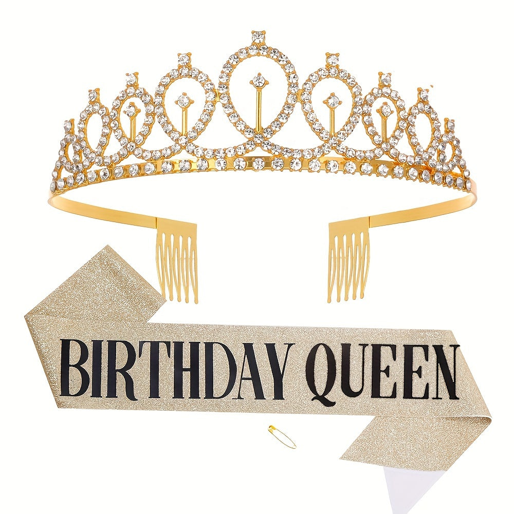 Celebrate Your Special Day with a Rhinestone Princess Tiara, Birthday Queen Sash, and Birthday Decoration Accessories