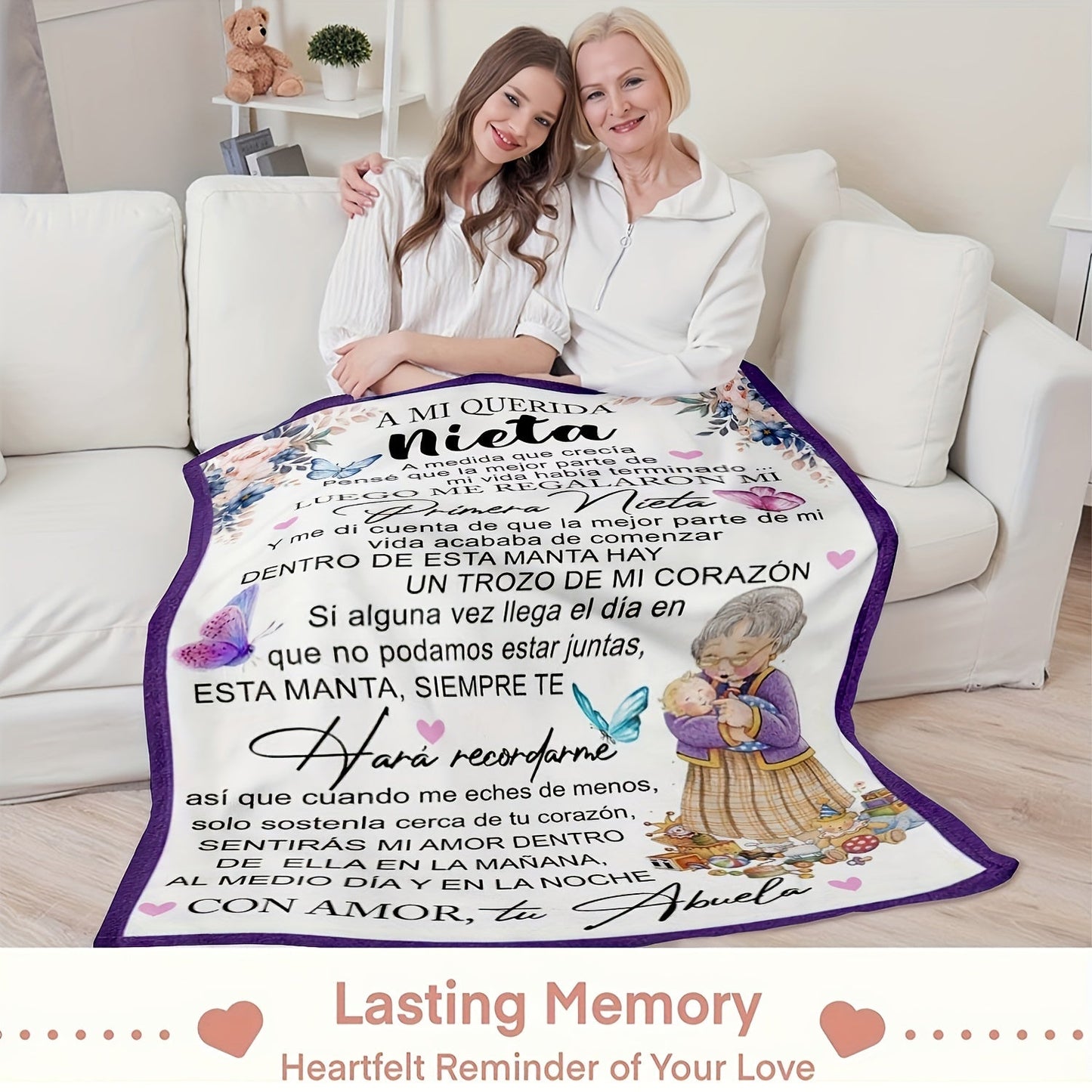 Enchanting Butterfly & Floral Print Spanish Letter Throw Blanket - A Thoughtful Gift from Grandma to Granddaughter, Made with Ultra-Soft Flannel for Lightweight and Cozy Comfort. Ideal for Couch, Sofa, Bed, Office, Travel & Camping, Providing Durable