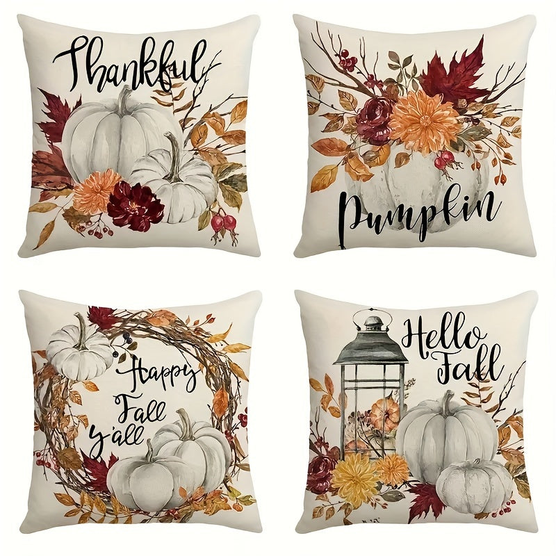 4-Pack of Autumn Thanksgiving Foliage Design Throw Pillow Covers - Machine Washable, Zippered Polyester Cases - Woven Decorative Cushion Covers for Living Room Sofa (44.96x44.96 cm, No Insert)