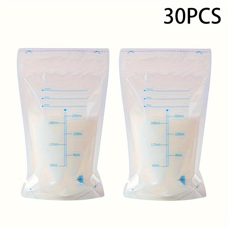 30 breast milk storage bags, each with a capacity of 8.5oz. Made from BPA-Free PP material and pre-sterilized for safety. Features a leakproof double zipper seal and a self-standing design for easy storage. Includes a pour spout for milk transfer during