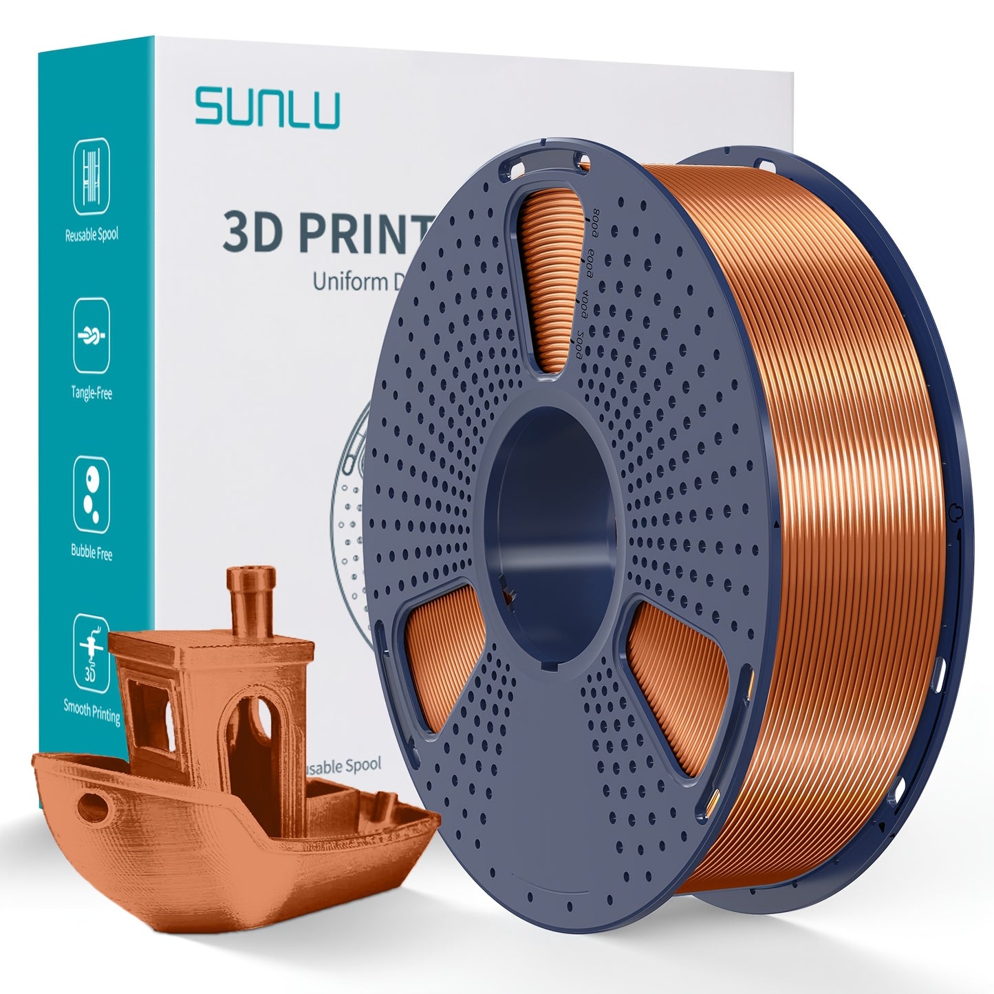 1kg of SUNLU Shiny PLA 3D Printer Filament, 1.75mm, with Smooth Surface and Dimensional Accuracy +/- 0.02mm in Light Golden Color.