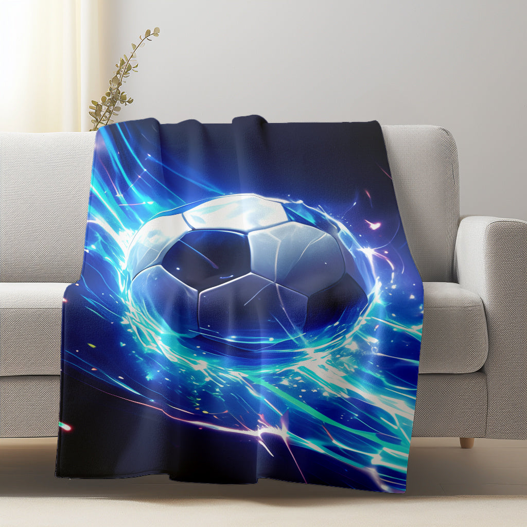 Soft, warm, and comfortable flannel fleece throw blanket featuring a contemporary soccer ball print. Perfect for use at home, office, camping, or while traveling. Made from tear-resistant, knitted polyester that is washable and suitable for use all year