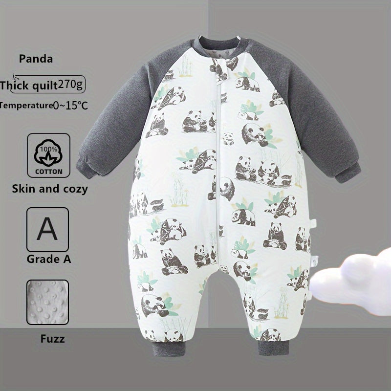 Unisex baby sleep sack with animal print is made of thick cotton filled fleece, lined with polyester fiber fill. Machine washable, suitable for one person. Cover made of 100% cotton, with 120-140g lining weight.