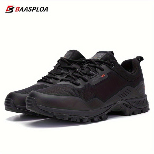 BAASPLOA Men's Low-Top Hiking Shoes in Black with Red Accents - Durable, Waterproof, Anti-Slip, Comfortable PU Insole