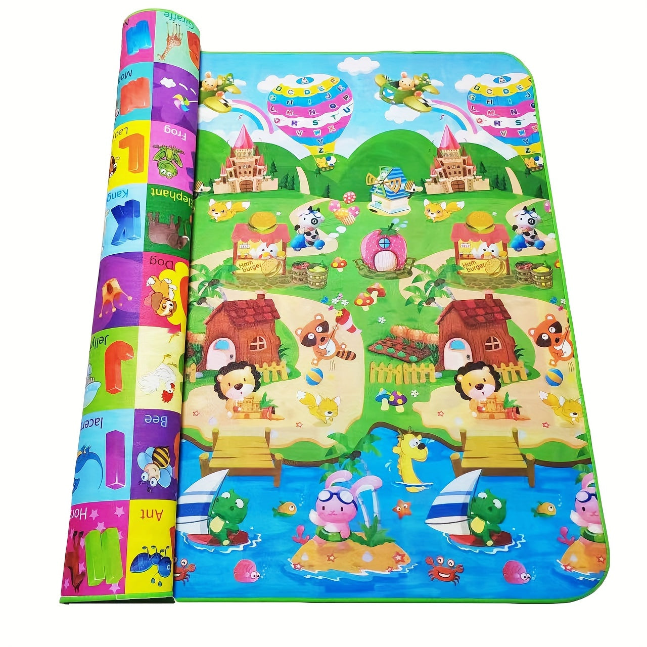 This reversible baby play mat is foldable, made of thick foam for extra cushioning, easy to clean, and measures 1.8m x 2m. It is constructed with a PVC surface material for durability.