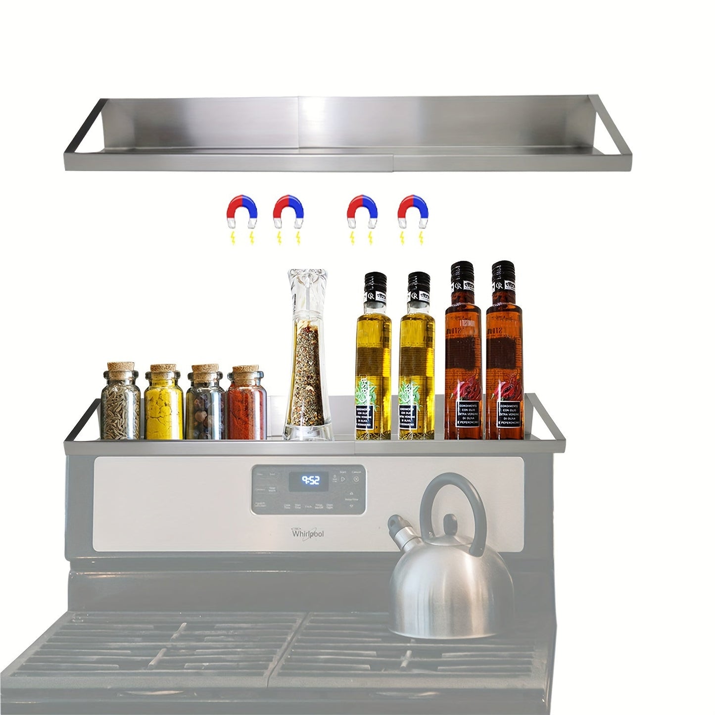 Simple to install stainless steel spice rack that is magnetic - Adjustable shelf for stove top to help organize your kitchen, no need for drilling.