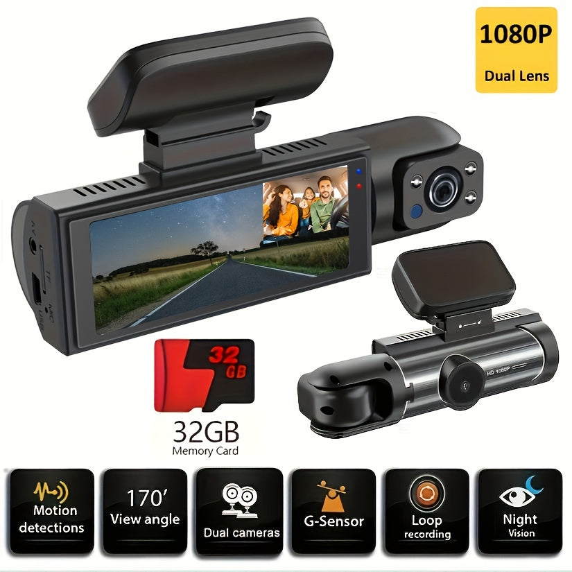 Front 1080P and Inside 720P Dash Camera with 32G SD Card, 8.03cm Size, G Sensor, HD Night Vision, Loop Recording, Wide Angle Car DVR.